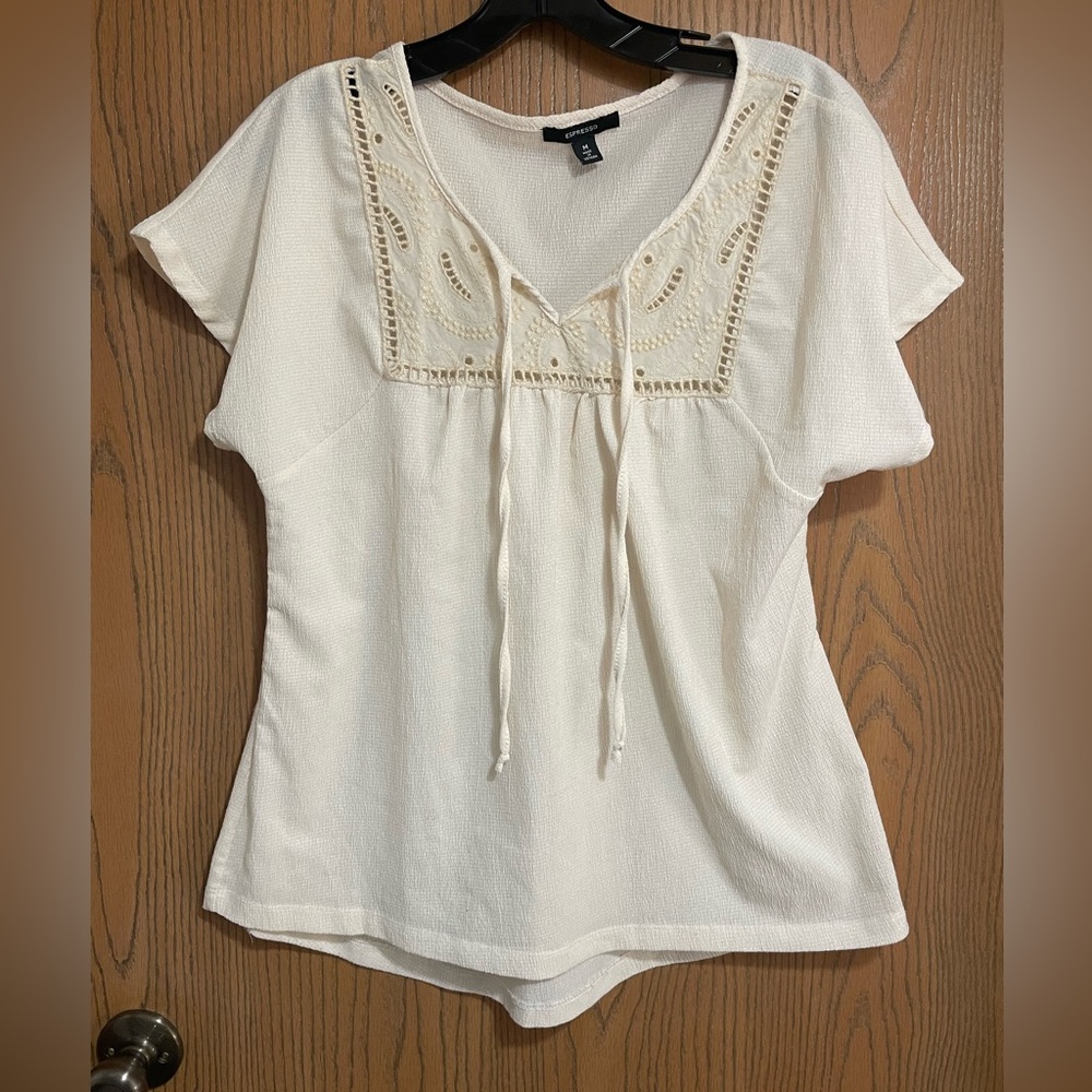EUC Cream Blouse with Embroidered Details and Tie Front
